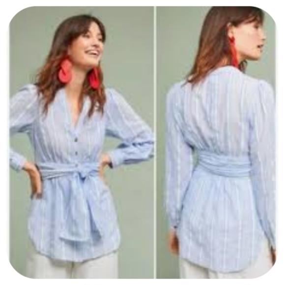🆕 Anthropologie Top with Cinched Waist & Attached Sash Belt. Cotton/Polyester - Picture 11 of 12